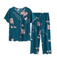 thumbnail image 1 of Lovskoo 2024 Lounge Sets for Women Plus Size Casual Summer Floral Short Sleeved V Neck Button Front Top Shirt Capri Pajama Pants Set Comfortable Breathable 2 Piece Sets Green 2XL, 1 of 3