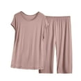 thumbnail image 1 of Lovskoo 2024 Lounge Sets for Women Plus Size Summer Casual Short Sleeved Round Neck Top Shirt Capri Pajama Pants Set Comfortable Breathable 2 Piece Sets Khaki 4XL, 1 of 1