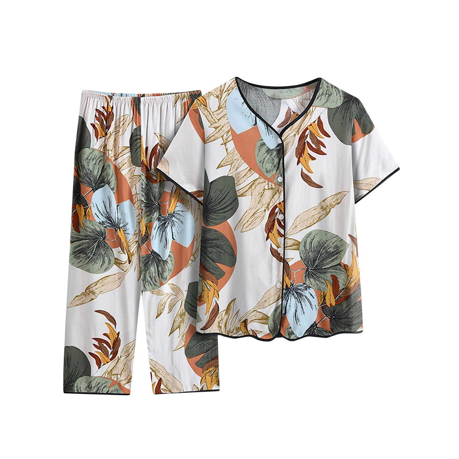 Plus Size V-Neck Tee and Floral Pants Lounge Set