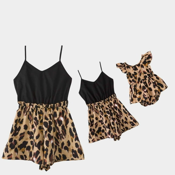 Zwiiyzr Matching Family Sets for Toddler Girls Parent-Child Jumpsuit Leopard Print Strappy Camisole Jumpsuit Romper Mommy and Me Outfits Wear Kids Brown