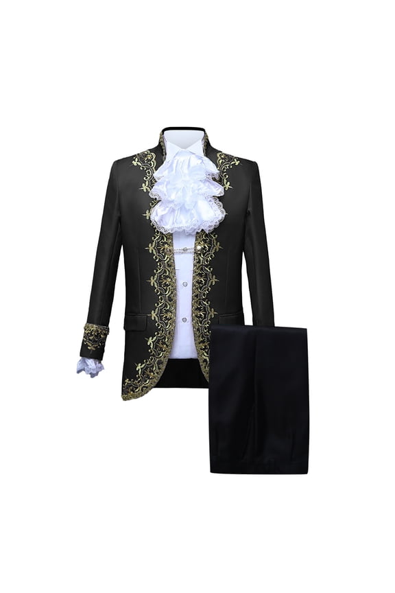 Men's 3 Piece Suit One Button Tuxedo Slim Halloween Gothic Costumes Court Trendy Formal Uniform Gold Embroidered Blazer Jacket Bow Tie Pants Set Party Dinner Jacket & Pants Black