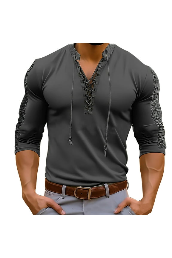 2024 Men's Activewear Shirts Solid Color Casual Trendy Lace Up Sports Pullover T-Shirt Long Sleeve Tops Gray