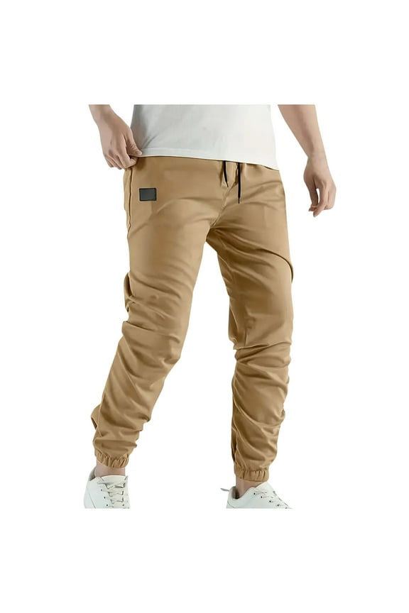 2024 Men's Basic Stretch Twill Jogger Pants Casual Trendy Elastic Waist Solid Outdoor Trousers Khaki-2XL