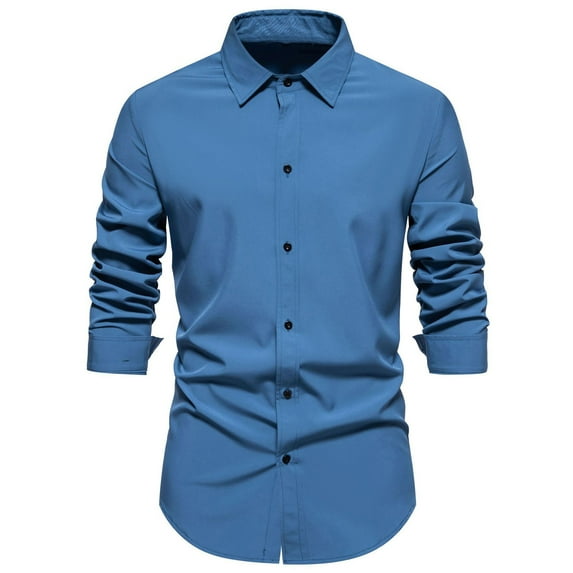 Lovskoo 2024 Men's Business Dress Shirts Casual Fashion Turn-Down Collar Button Long Sleeve Shirt Blouse Blue