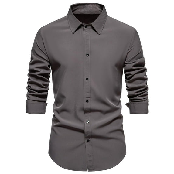 Lovskoo 2024 Men's Business Dress Shirts Casual Fashion Turn-Down Collar Button Long Sleeve Shirt Blouse Gray