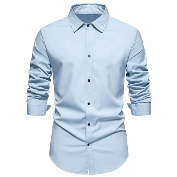 Lovskoo 2024 Men's Business Dress Shirts Casual Fashion Turn-Down Collar Button Long Sleeve Shirt Blouse Light Blue