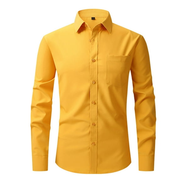 Lovskoo 2024 Men's Business Dress Shirts Casual Fashion Whole Colored Turn-Down Collar Button Long Sleeve Shirt Blouse Yellow