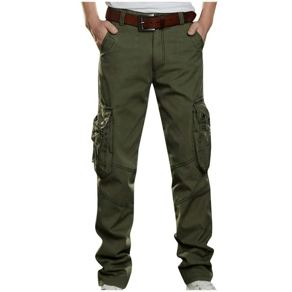 Lovskoo 2024 Men's Cargo Jeans Cotton Solid Color Multi-Pocket Straight-Leg Pants Denim Work Pants Olive Green
