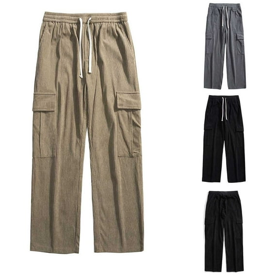 Lovskoo 2024 Men's Cargo Pants Casual Drawstring Straight Barrel Trousers with Pockets Cotton Pants Khaki