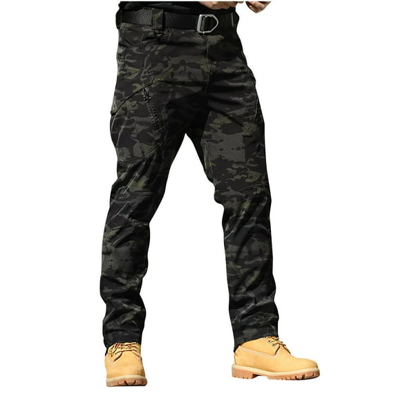 Lovskoo 2024 Men's Cargo Pants Solid Color Workout Multi Pocket Waterproof Hiking Pants Lightweight Joggers Pants Camouflage L