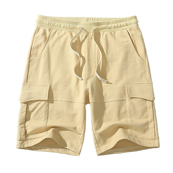 Lovskoo 2024 Men's Cargo Shorts Solid Color Workwear Cotton Shorts Multiple Pockets Loose Casual Sports Shorts Khaki XL
