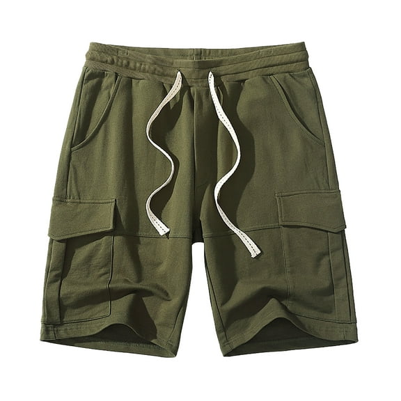 Lovskoo 2024 Men's Cargo Shorts Solid Color Workwear Cotton Shorts Multiple Pockets Loose Casual Sports Shorts Olive Green L