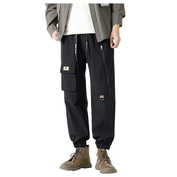 Lovskoo 2024 Men's Casual Cargo Pants Close Bottom Drawstring Ankle Banded Pants Multi-Pocket Pants Trousers Black