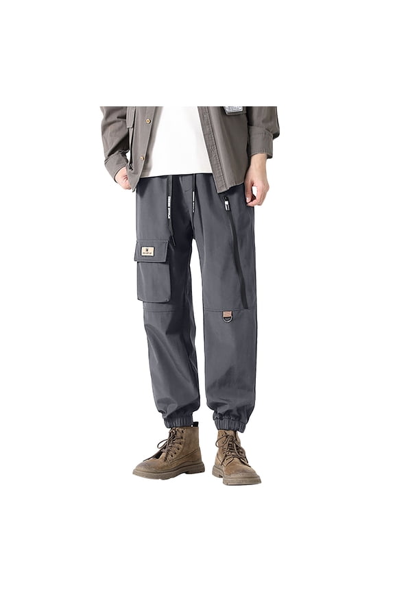2024 Men's Casual Cargo Pants Close Bottom Drawstring Closed Bottom Pants Multi-Pocket Pants Trousers Dark Gray