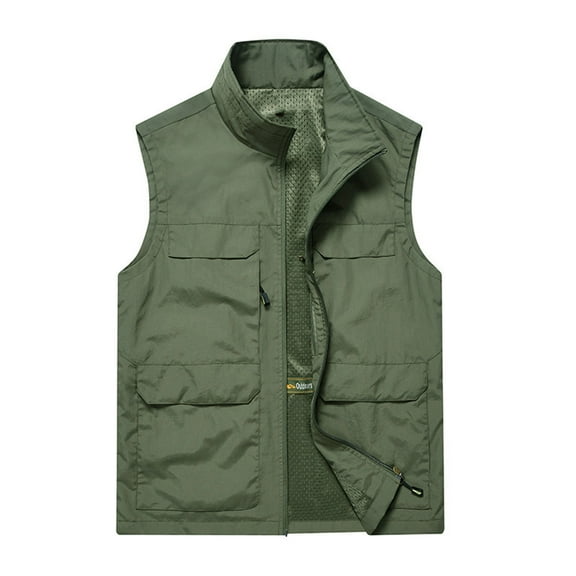 Lovskoo 2024 Men's Casual Outdoor Work Fishing Travel Photo Cargo Vest Jacket Multi Pockets Summer Solid Color Stand Collar Sports Leisure Coat Olive Green 5XL