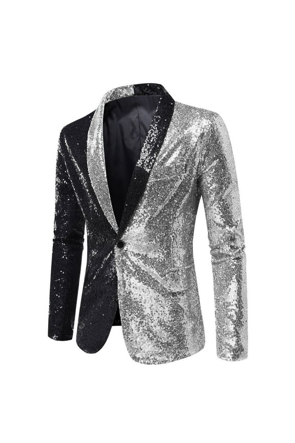 2024 Men's Color Matching Sequin Suit Long Sleeve One Button Dress Performance Suit Lapel Collar Suit Jacket Coat Blazer Silver