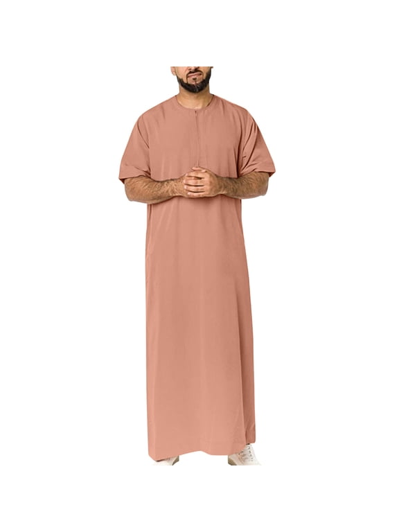 Men's Crewneck Robe Short Sleeve Kaftan Thobe Long Gown Casual Shirt for Beach Summer Khaki