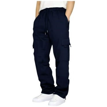 Lovskoo 2024 Men's Drawstring Sweatpants Casual Lounge Cotton Joggers Yoga Pants Open Bottom Straight Leg Male Cargo Pants with Multi-Pockets Navy