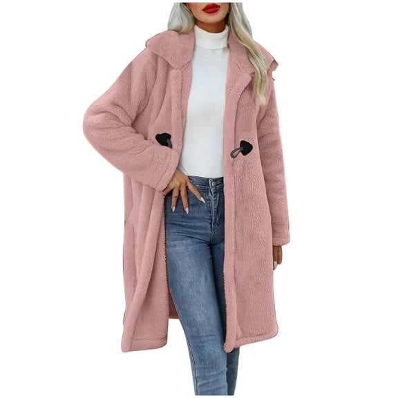 Lovskoo Winter Coats for Women Solid Fuzzy Fleece Coats Long Sleeve Lapel Pockets Fleece Long Jacket Casual Trendy Outerwear Pink