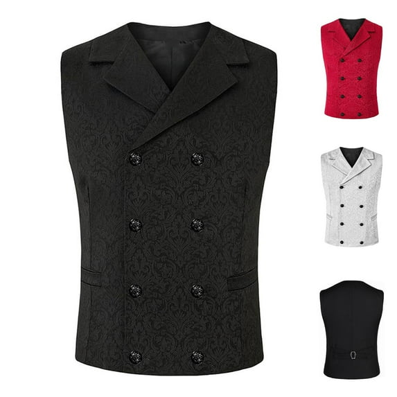 Lovskoo 2024 Men's Formal Vest Jacquard Waistcoat Double Breasted Slimming V-Neck Business Dress Suit Vests for Wedding Red