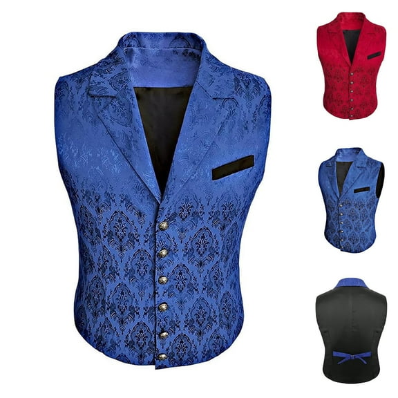 Lovskoo 2024 Men's Formal Vest Jacquard Waistcoat Single Breasted Slimming V-Neck Business Dress Suit Vests for Wedding Red