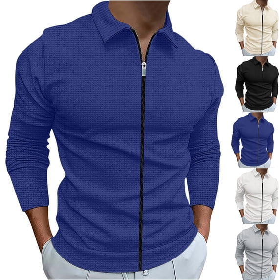 Lovskoo 2024 Men's Full Zip Sweatshirt Casual Lapel Long Sleeve Solid Color Sport Plaid Jacquard Pullover Gray