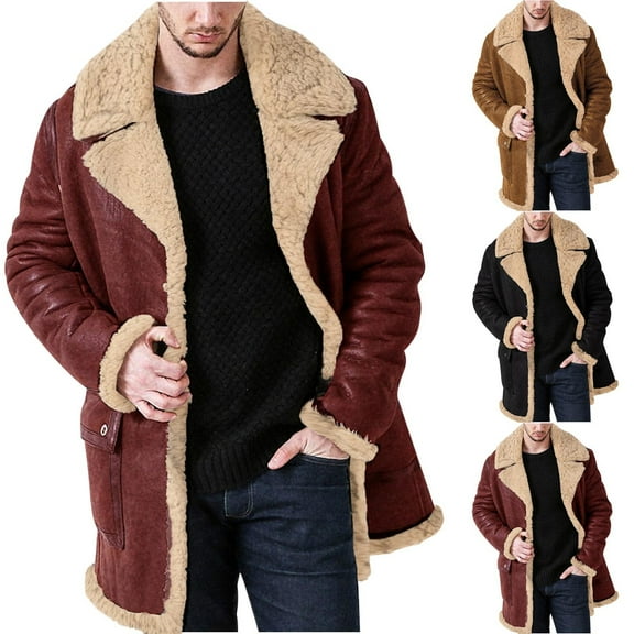 Lovskoo 2024 Men's Leather Jacket 2023 Winter Faux Suede Coats Fleece Sherpa Lined Jacket Faux Fur Lapel Pockets Warm Fall Fashion Outerwear Black