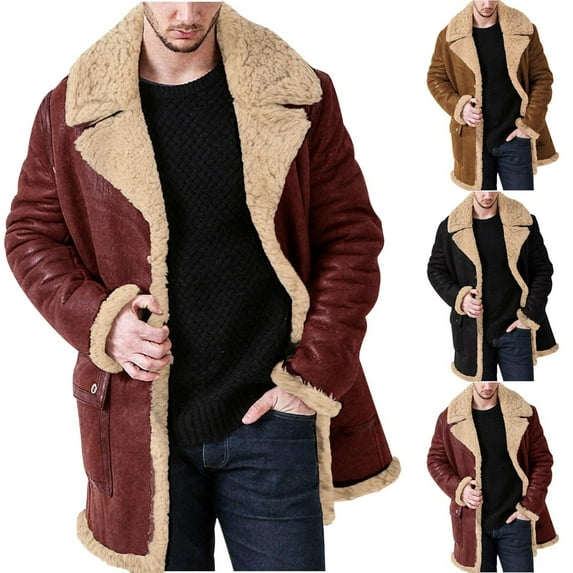 Lovskoo 2024 Men's Leather Jacket 2023 Winter Faux Suede Coats Fleece Sherpa Lined Jacket Faux Fur Lapel Pockets Warm Fall Fashion Outerwear Red