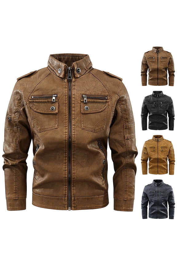 2024 Men's Leather Jacket Long Sleeve Motorcycle Jacket Zipper Coat Long Sleeve Faux Leather Outwear & Jackets Black