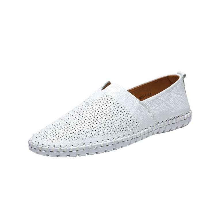 Lovskoo 2024 Men's Leather Loafer Shoes Oversized Casual Slip On Hollow Out  Soft Walking Driving Shoes White 