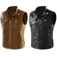 thumbnail image 1 of Lovskoo 2024 Men's Leather Motorcycle Pockets Biker Zipper Coat Outwear Jackets Club Vest Khaki, 1 of 5