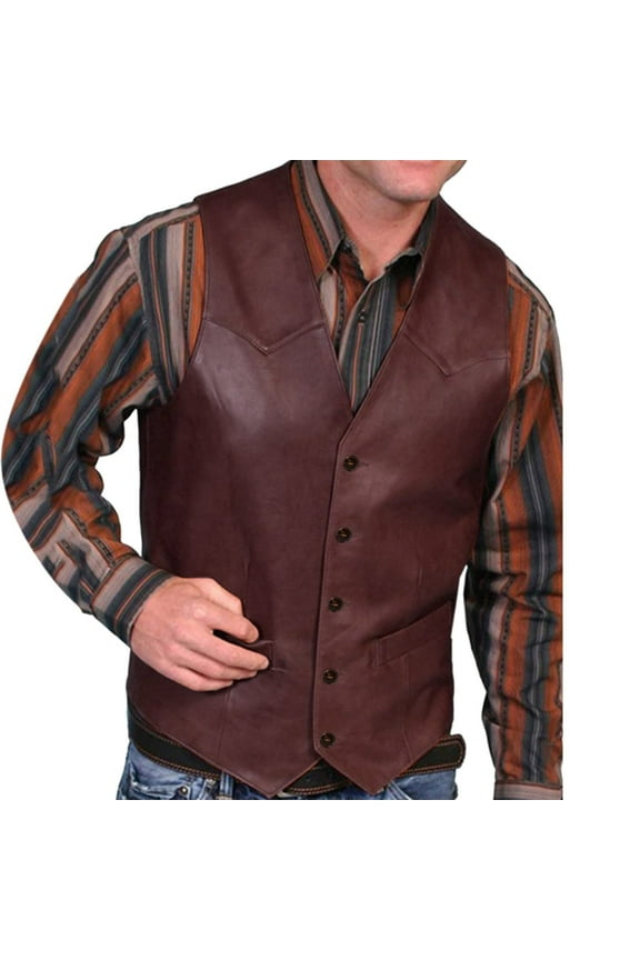 2024 Men's Leather Vest Casual Retro Western Vest Jacket Lightweight V-Neck Suit Vest Waistcoat Red