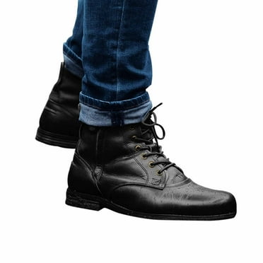 Lovskoo 2024 Men's Mid-Calf Boots Round Toe Chunky Heel Western Burn Colored Motorcycle Work Shoes Lace Up Short Boots Black