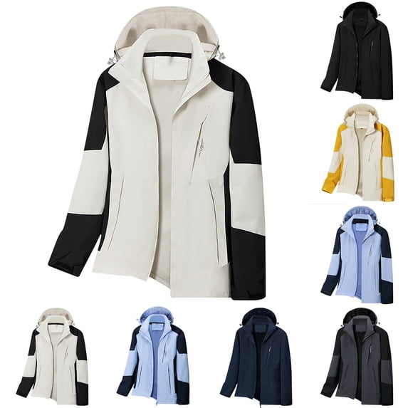 Lovskoo 2024 Men's Rain Jacket Hooded Sport Casual Waterproof Windbreaker Patchwork Zipper with Pockets Detachable Cap Long Sleeve Outdoor Outerwear Jacket Dark Gray