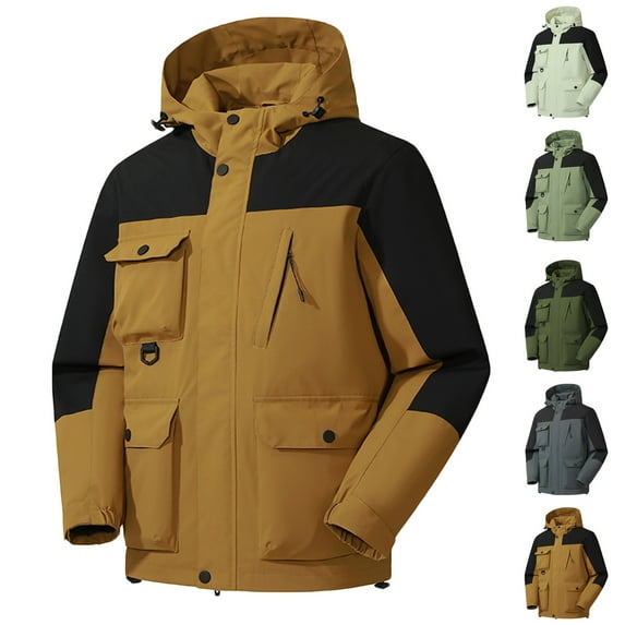 Lovskoo 2024 Men's Rain Jacket Technical Casual Waterproof Windbreaker Patchwork Windproof Outdoor Breathable Hardshell Long Sleeve Hooded Coat Jacket Beige
