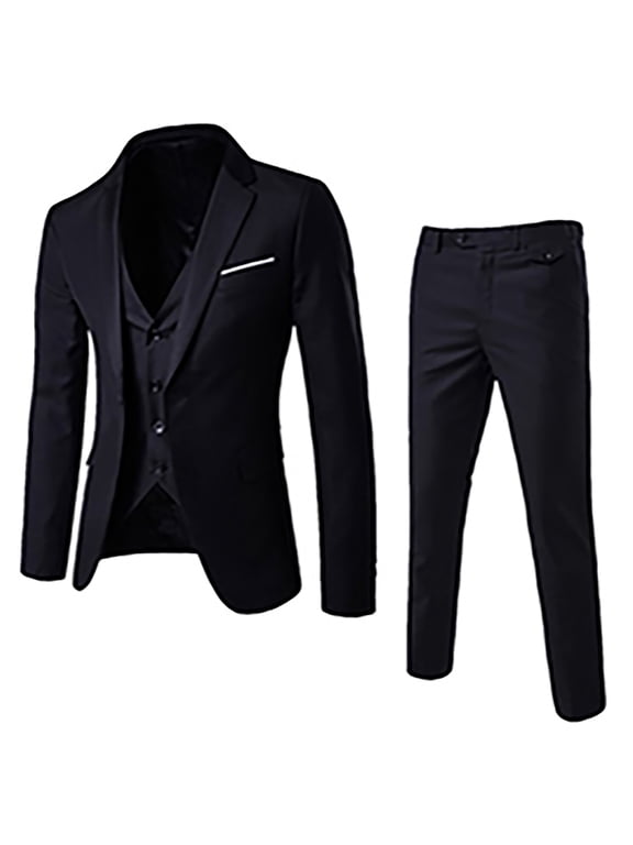 2024 Men's Slim Fit Three Piece Suit Fashion Tuxedo Set One Button Jacket Vest Pants Suit Black