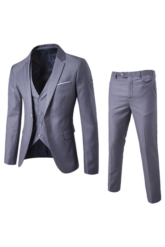 2024 Men's Slim Fit Three Piece Suit Fashion Tuxedo Set One Button Jacket Vest Pants Suit Gray