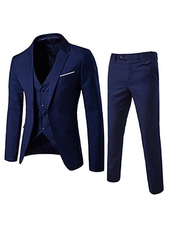 2024 Men's Slim Fit Three Piece Suit Fashion Tuxedo Set One Button Jacket Vest Pants Suit Navy