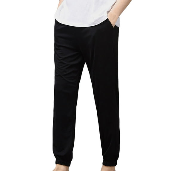 Lovskoo 2024 Men's Soft Ice Silk Pants Closed Bottom Solid Color Trendy Casual Drawstring Elastic Waist Pocket Trousers Straight Leg Sport Pants Black 2XL