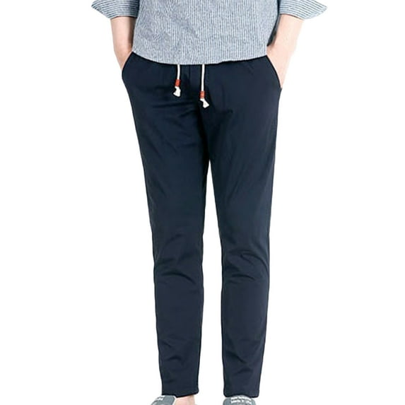 Lovskoo 2024 Men's Soft Ice Silk Pants Solid Color Trendy Casual Drawstring Elastic Waist Straight Leg Pocket Trousers Sport Pants Navy XL