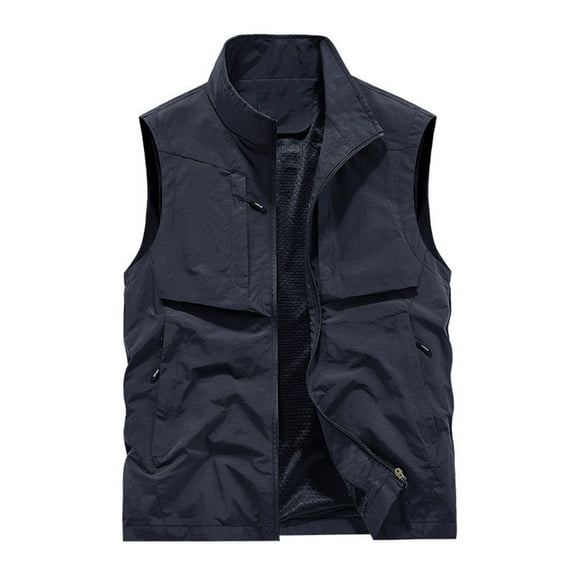 Lovskoo 2024 Men's Summer Casual Outdoor Work Fishing Travel Photo Cargo Vest Jacket Multi Pockets Solid Color Stand Collar Sports Leisure Coat Dark Blue L