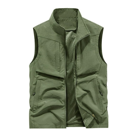 Lovskoo 2024 Men's Summer Casual Outdoor Work Fishing Travel Photo Cargo Vest Jacket Multi Pockets Solid Color Stand Collar Sports Leisure Coat Olive Green L