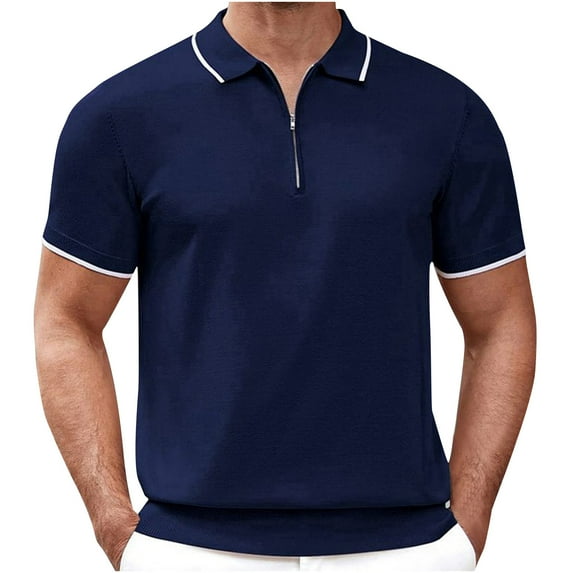 Lovskoo 2024 Men's Summer Solid Color Zipper Collared Shirt Casual Short Sleeve T Shirt Classic Shirts Navy 2XL