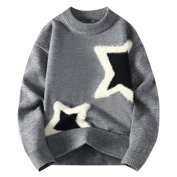Lovskoo Men Casual Sweater Printing Round Neck Solid Color Long Sleeve Knit Sweater Gray