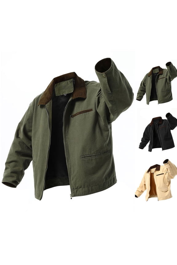 Men's Thicken Warm Winter Coat Fleece Waxed Jackets Long Sleeve Casual Jacket Pocket Button Lapel Hoodless Coat Trucker Jacket Olive Green