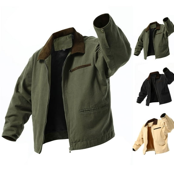 Lovskoo 2024 Men's Thicken Warm Winter Coat Fleece Waxed Jackets Long Sleeve Casual Jacket Pocket Button Lapel Hoodless Coat Trucker Jacket Olive Green