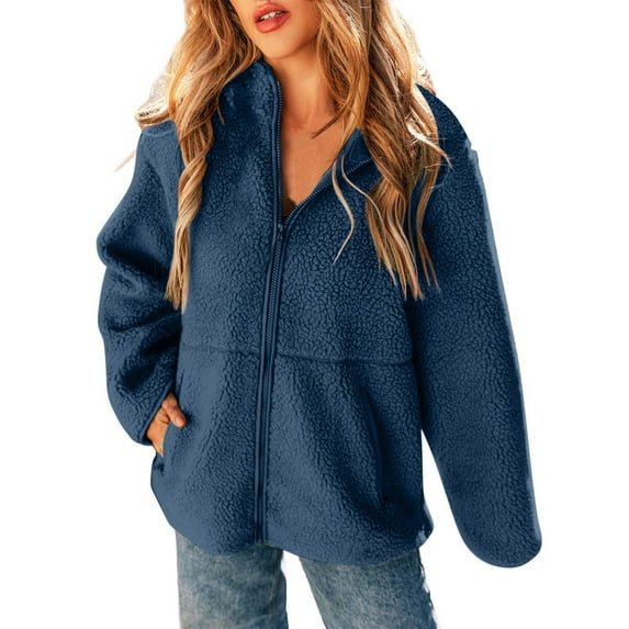 Lovskoo Winter Coats for Women Fuzzy Fleece Jackets Solid Zip Up Coats Long Sleeve Fuzzy Stand Collar Jacket Outerwear with Pockets Dark Blue