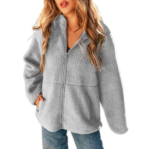 Lovskoo Winter Coats for Women Fuzzy Fleece Jackets Solid Zip Up Coats Long Sleeve Fuzzy Stand Collar Jacket Outerwear with Pockets Gray