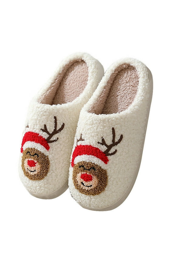 2024 Men's and Women's Novelty Christmas Slippers Cute Fuzzy Reindeer Flat Plush Non-Slip Linen Comfortable House Slippers for Couple Indoor Khaki