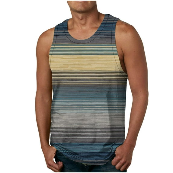 Lovskoo 2024 Men's Workout Tank Tops Summer Casual Trendy Striped Pullover Round Neck Tanks Workout Sports Sleeveless Tops Blue XL